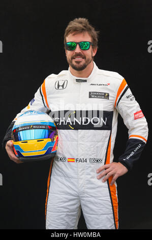 Melbourne, Australia. 23rd Mar, 2016. McLaren-Honda Formula One driver Fernando Alonso of Spain poses for the portrait session ahead of the Australian Formula One Grand Prix in Melbourne, Australia, March 23, 2016. The Australian Formula One Grand Prix will take place in Melbourne on March 26. Credit: Bai Xue/Xinhua/Alamy Live News Stock Photo