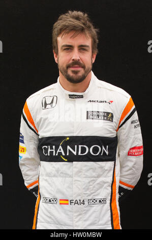 Melbourne, Australia. 23rd Mar, 2016. McLaren-Honda Formula One driver Fernando Alonso of Spain poses for the portrait session ahead of the Australian Formula One Grand Prix in Melbourne, Australia, March 23, 2016. The Australian Formula One Grand Prix will take place in Melbourne on March 26. Credit: Bai Xue/Xinhua/Alamy Live News Stock Photo