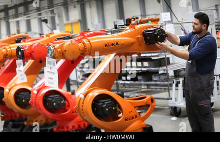 Augsburg, Germany. 22nd Mar, 2017. Kuka robots are put together at the Kuka Headquarters in Augsburg, Germany, 22 March 2017. Photo: Karl-Josef Hildenbrand/dpa/Alamy Live News Stock Photo