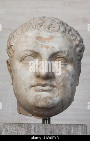 Marble head from a colossal statue of Roman Emperor Titus (reign 79-81 AD) on display in the Glyptothek Museum in Munich, Bavaria, Germany. Stock Photo