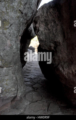 Bhimbetka rock shelters, Madhya Pradesh, India- January 22, 2016: passing through these  two rocks on way to Prehistoric Rock shelter No.15 at Bhimbet Stock Photo