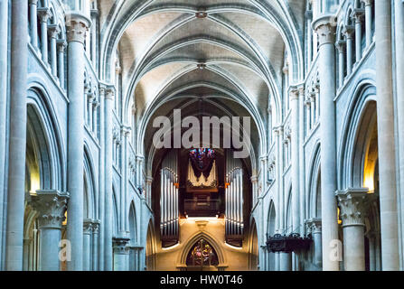 Lausanne, Switzerland, the Cathedral nave with the organ in the background Stock Photo