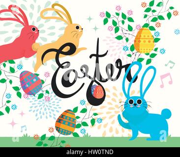 Easter card illustration. Happy cartoon rabbits in spring with hand drawn typography quote, eggs, flowers and nature decoration. EPS10 vector.