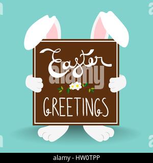 Easter greetings card design with rabbit holding typography quote sign for holiday celebration. EPS10 vector. Stock Vector