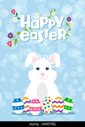 Happy Easter card illustration of rabbit with egg collection. Holiday celebration design and spring decoration. EPS10 vector. Stock Vector