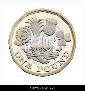 2017 English pound coin isolated on white background. The new UK £1 coin will enter circulation in March 2017, and The Royal Mint is producing 1.5 billion of the new coins. Stock Photo