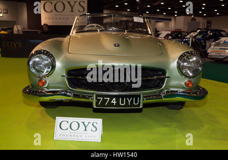 Front view of a rare,1959, right hand drive, Mercedes-Benz 190SL, on display at the 2017 London Classic Car Show. Stock Photo
