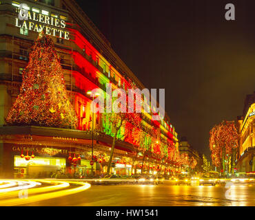 Galeris Lafayette and Boulevard Haussmann decorated for Christmas, Paris, France Stock Photo