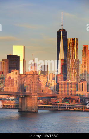 USA, New York, New York City, Lower Manhattan and Brooklyn Bridge Stock Photo