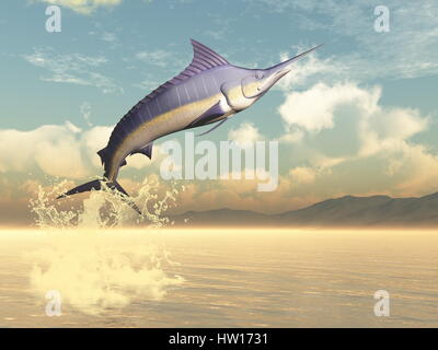 Marlin fish jumping by sunset - 3D render Stock Photo