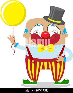 Circus clown artist In classic outfit with red nose and make up holding balloon In Circus Show. Circus concept. Flat cartoon vector illustration Stock Vector