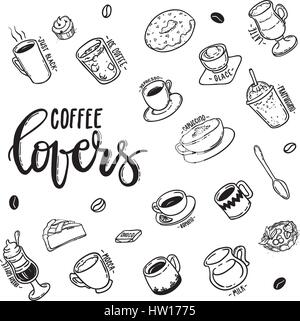 hand drawn lettering Coffee Lovers pattern with doodle dessert.  white doodles food hand-drawn contour on a brown background Stock Vector