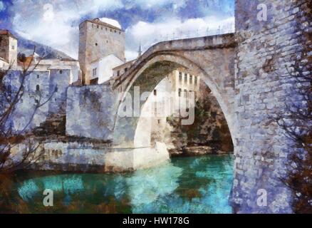Digital Painting, oil on canvas, of Stari Most (Old Bridge), almost 500 years old monument in the city of Mostar in Bosnia and Herzegovina, and it's p Stock Photo