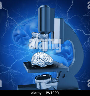 Brain under microscope 3D illustration. Neural connections, neural ...