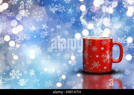 3D render of a Christmas mug on a bokeh lights and snowflake background Stock Photo
