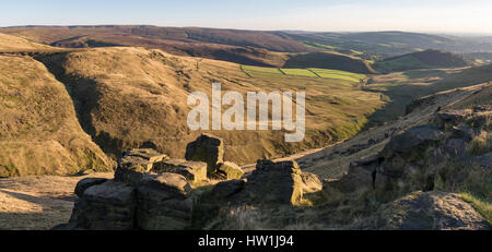 Beautiful summer evening in the hills of Northen England. Hilly landscape near Glossop in Derbyshire. Stock Photo