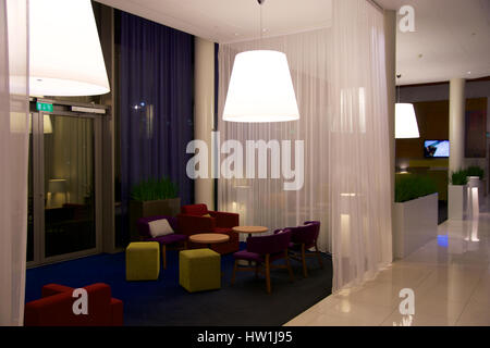 OSLO, NORWAY- JAN 20th, 2017: Lounge area of a hotel. Fragment of the lobby. Interior design, airport hotel, Park Inn. Stock Photo