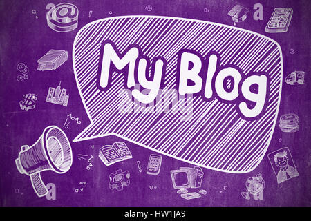 My Blog - Cartoon Illustration on Purple Chalkboard. Stock Photo