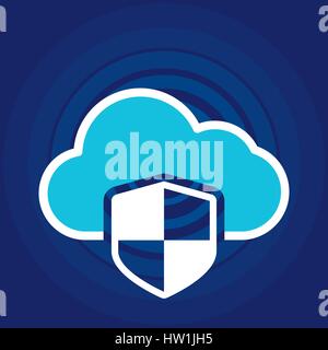 Cloud security concept icon locked with padlock on blue background and radial waves. Vector illustration Stock Vector