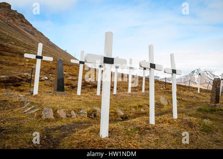 Greenland, Tasiilaq, cemetery with white wooden crosses