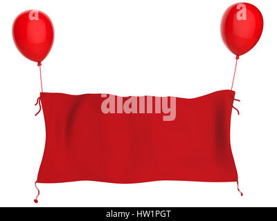 3d rendering red cloth banner hanging with red balloons isolated on white Stock Photo