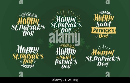 Happy St. Patricks day, label set. Irish holiday, beer festival. Lettering vector illustration Stock Vector