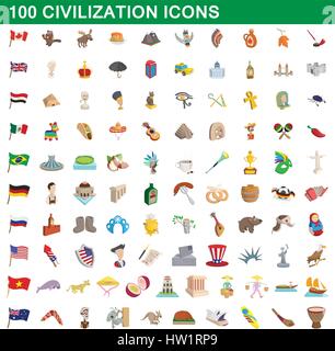 100 civilization icons set, cartoon style Stock Vector