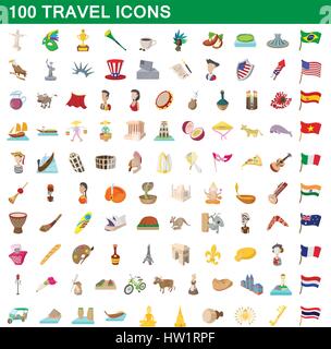 100 travel icons set, cartoon style Stock Vector