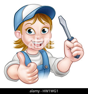 An electrician handyman cartoon character holding a screwdriver and giving a thumbs up Stock Photo