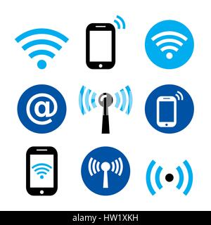 WiFi network, wireless internet zone, smartphone with WIFI icons set Stock Vector