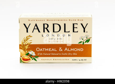 A bar of Yardely Oatmeal & Almond soap isolated on white background. Stock Photo