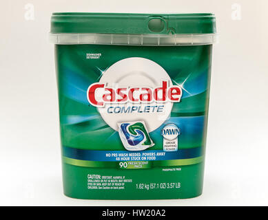 A pack of Cascade Complete dishwasher capsules isolated on white background. Stock Photo