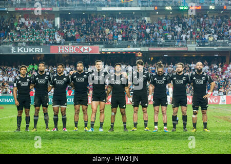 Hong Kong, China. 10th April, 2016.Players of New Zealand stand for their national anthems before the Cup Final on the of the 2016 Hong Kong Sevens. Stock Photo