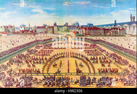 General view of the Grand Carousel, given by Louis XIV in front of the Tuileries, Paris, France, 5th June 1662, to celebrate the birth of the Dauphin. Taken from the stands which had been erected in front of the east facade of the palace of the Tuileries.  On the right the Medicis gallery with the old tower facing the tower of Nesle, on the left the district of the Rue Saint Honore opposite the mansions of the Rue Saint Nicaise which then separated the Louvre from the Tuileries, at the bottom the Louvre. Stock Photo