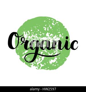 Organic brush lettering. Hand drawn word organic with green circle. Label, logo template for organic products, healthy food markets. Vector illustration Stock Vector