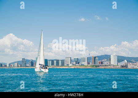 sailing day from Badalona sportive port to Barcelona coastline Stock Photo