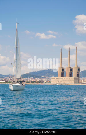 sailing day from Badalona sportive port to Barcelona coastline Stock Photo