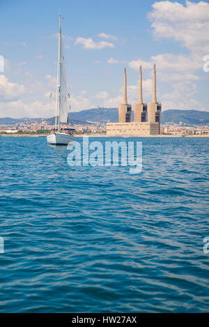 sailing day from Badalona sportive port to Barcelona coastline Stock Photo