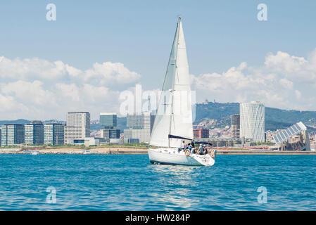 sailing day from Badalona sportive port to Barcelona coastline Stock Photo