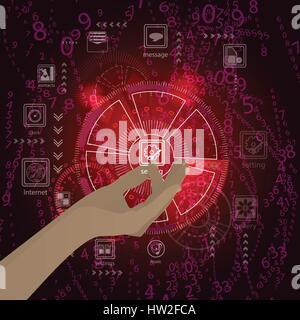 Concept of setting up a hand control on a red background. Abstract light. Hi-tech internet technology. Vector illustration for your design Stock Vector