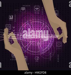 The concept of a network of internet hands pull the thread information on a purple background. Abstract light. Hi-tech internet technology. Vector ill Stock Vector