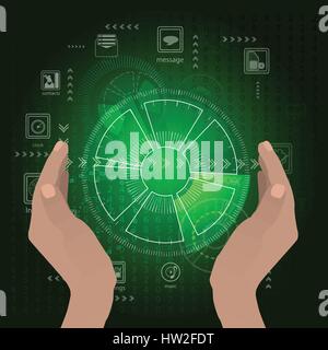 The concept of a network of wi-fi. Guard hands hold on a green background. Abstract light. Hi-tech internet. Vector illustration for your design Stock Vector