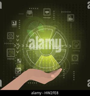 The concept of technology development support. Guard hands hold on yellow background. Abstract light. Hi-tech internet. Vector illustration for your d Stock Vector