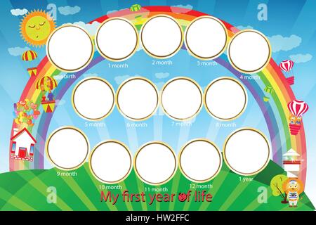 Frame for the baby. My first year of life. Twelve months of child development. Landscape morning after rain, with a rainbow. Vector illustration for y Stock Vector