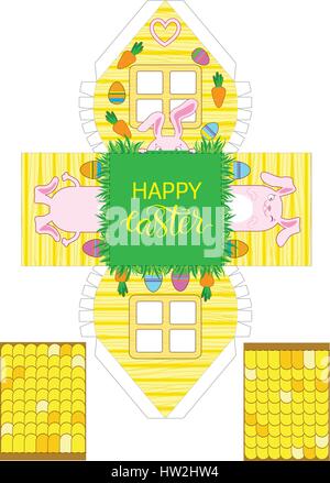 Printable gift easter house with banny, eggs and carrots. Easter Decor template 3 d house. Easy for installation - print, cut, fold it. House 3d Paper Stock Vector