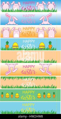 Easter banner with banny, eggs and carrots. Easter Decor template. Vector packaging design for eggs Stock Vector