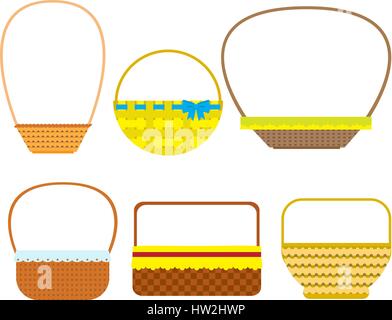 Empty baskets isolated on white background. Osier wicker picnic vector basket set. Stock Vector