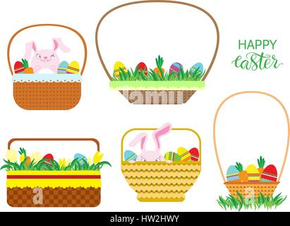 Easter baskets with Easter eggs, carrots and bunnies isolated on white background. Osier wicker picnic vector basket set. Stock Vector