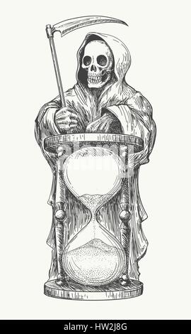 Death in hood with with a scythe and hourglass. Vector illustration in engraving style. Stock Vector