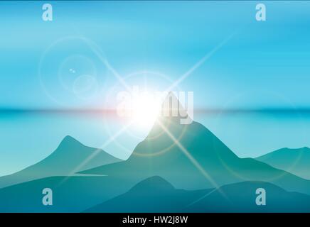 Mountains and sea at sunrise. Island morning landscape. Vector illustration. Stock Vector